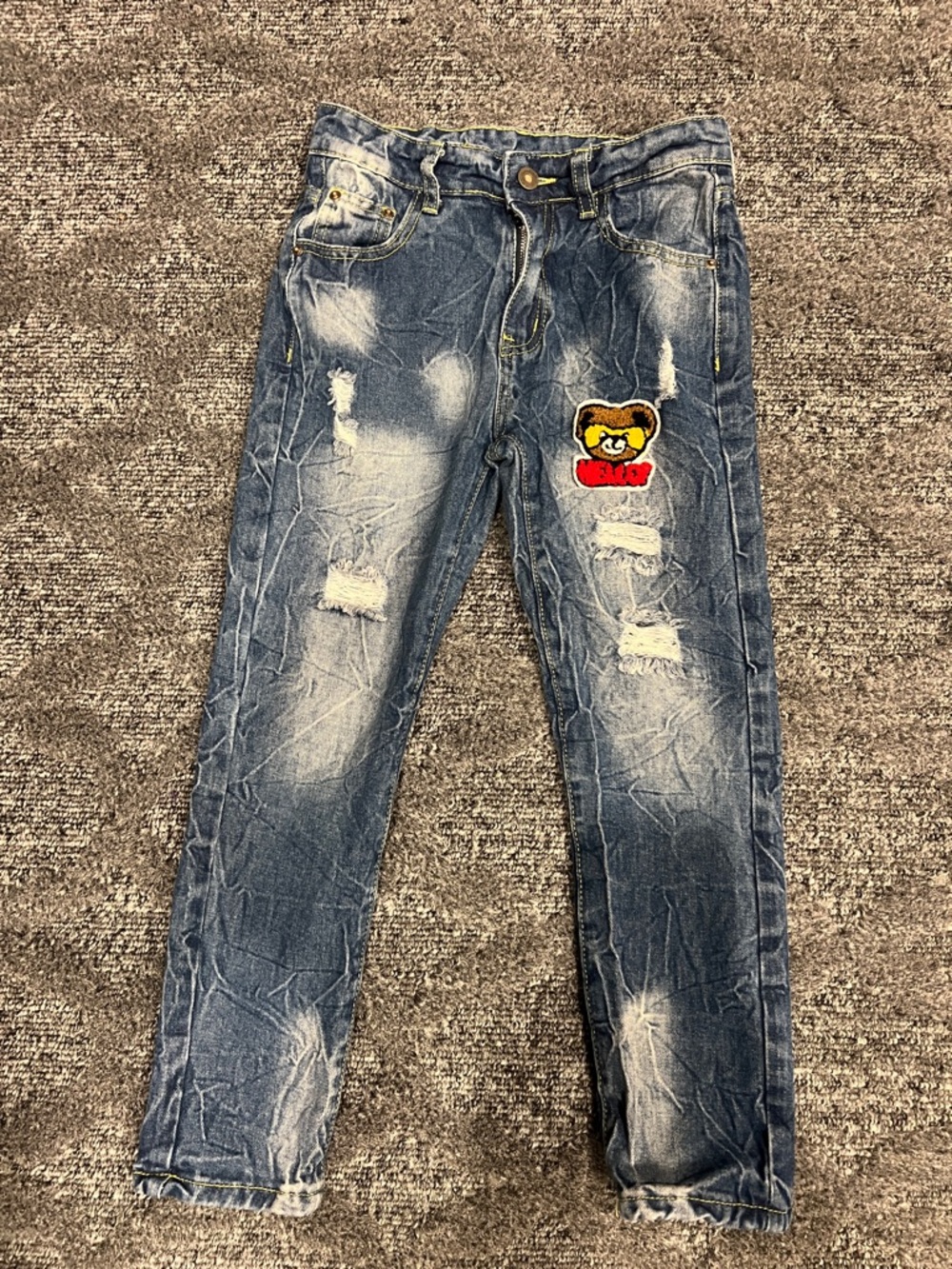 Kids' Distressed Blue Denim Jeans with Bear Patch